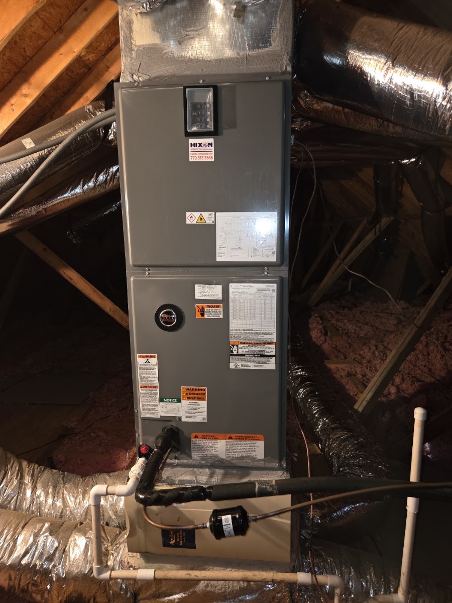 A newly installed Hixon HVAC system in a Lawrenceville-area attic