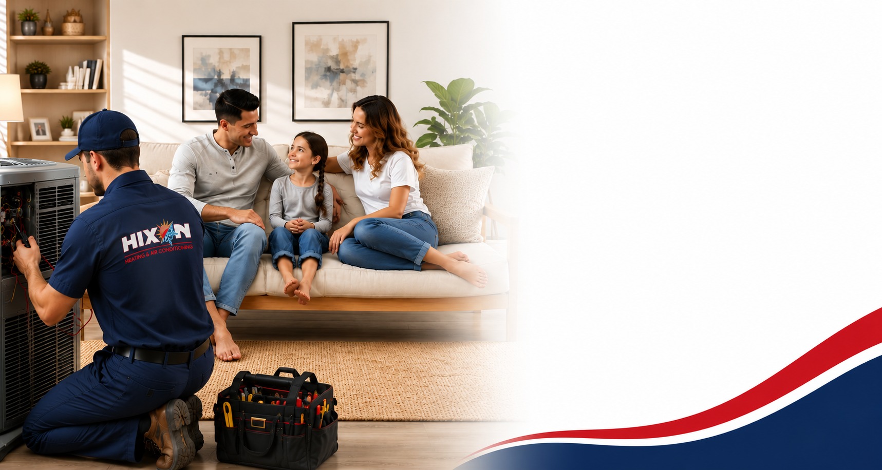 Hixon Heating & Air Conditioning technician servicing a residential AC unit while a happy Lawrenceville, GA family relaxes at home